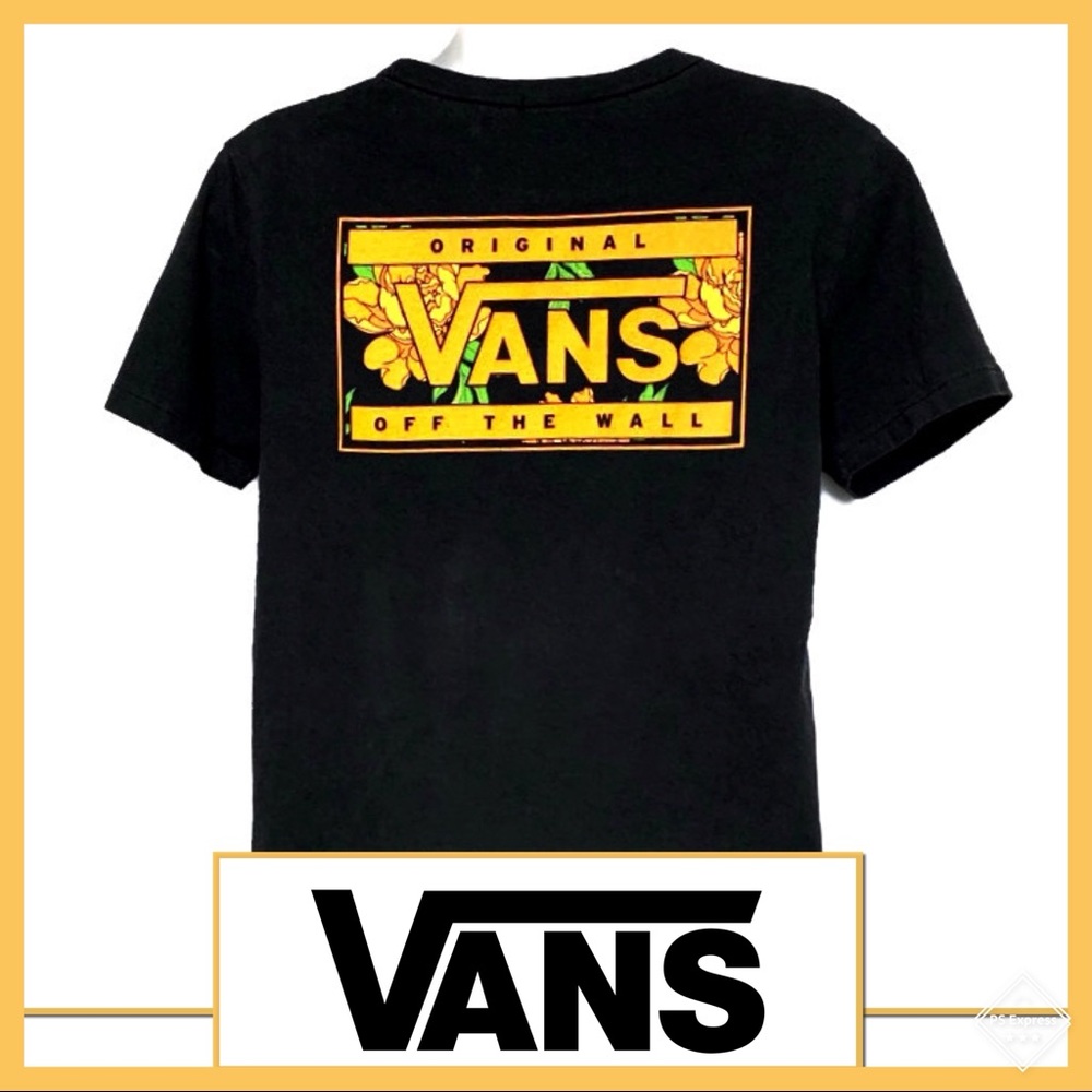 VANS Black Tee w/ Orange Boxed Floral Logo Sz S